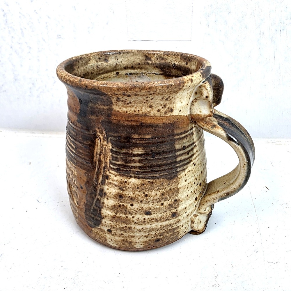 Vtg 70s Studio Pottery Stoneware Mug Signed Earthy Brutalist Coffee Thumb Rest